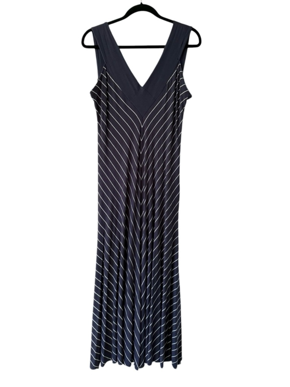 Women’s Soft Knit Sleeveless Navy White Stripe V-Neck Maxi Dress Size XL